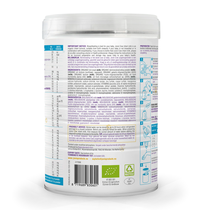 Jovie Organic Cow Milk Formula Stage 1 (800g) - Formuland Canada